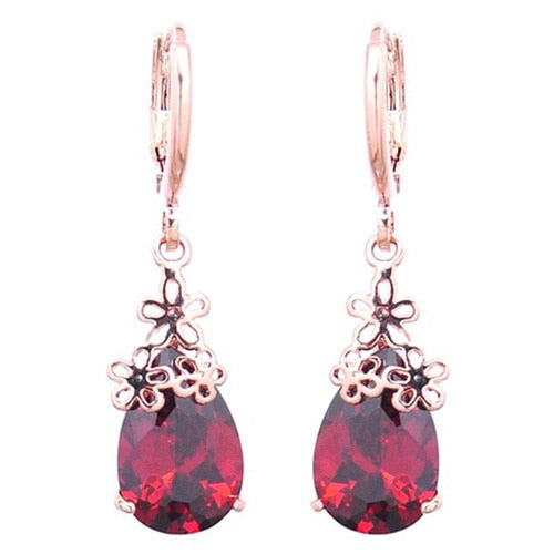 SAF-Hot Women Rose Gold plating CZ stone Flower Pierced Dangle Drop Earrings Jewelry red