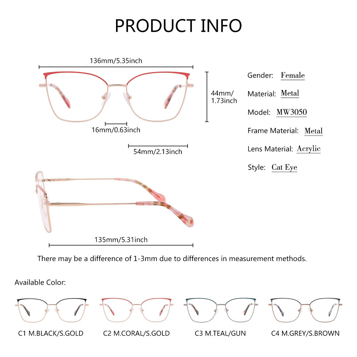SASAMIA Cat Eye Glasses Frame Metal with Floral Temple Brand Design Woman Glasses Frame Reading Glasses Myopia Optical Glasses