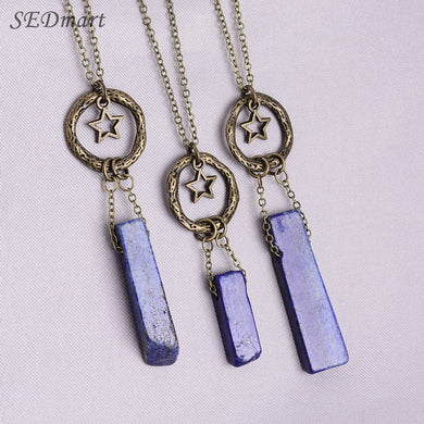 Vintage Bronze David Star Lapis Lazuli Natural Stone Pendant Necklace Handmade Retro Healing Crystal Necklace For Women