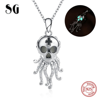 925 Sterling Silver fine Jewelry Chain pendant glowing bead chokers Goth octopus Skull head monster necklaces for Brother
