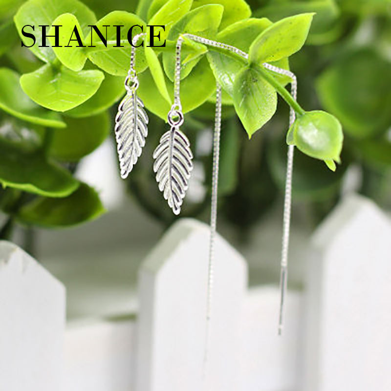 SHANICE New 100% 925 Silver Double Pearl Earrings for Women Cute leave Design Pendant Long Ear Line Tassel Earring Bijoux