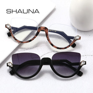 SHAUNA Classic Crystal Half Frame Sunglasses Women Anti-Blue Light Cat Eye Optical Frames Computer Glasses