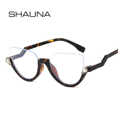 SHAUNA Classic Crystal Half Frame Sunglasses Women Anti-Blue Light Cat Eye Optical Frames Computer Glasses