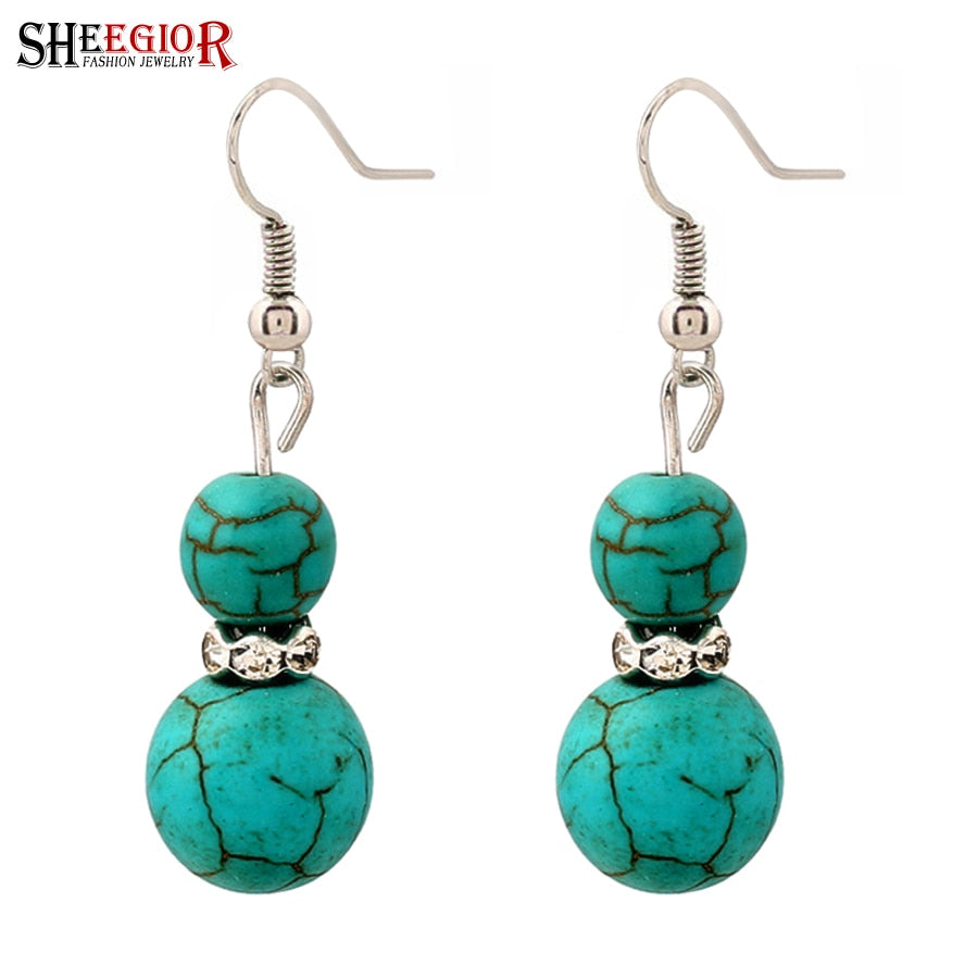 Lovely Gourd Long Drop Earrings for Women Fashion Jewelry Ethnic Turquoises Rhinestone Silver Earring Bijoux Femme Gift