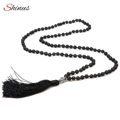 Lava Stone Necklaces Buddha Necklace Men Jewelry erkek kolye Handmade Knotted Black Long Tassel Female Meditation 6mm New