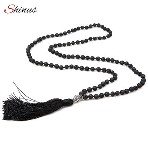 Lava Stone Necklaces Buddha Necklace Men Jewelry erkek kolye Handmade Knotted Black Long Tassel Female Meditation 6mm New