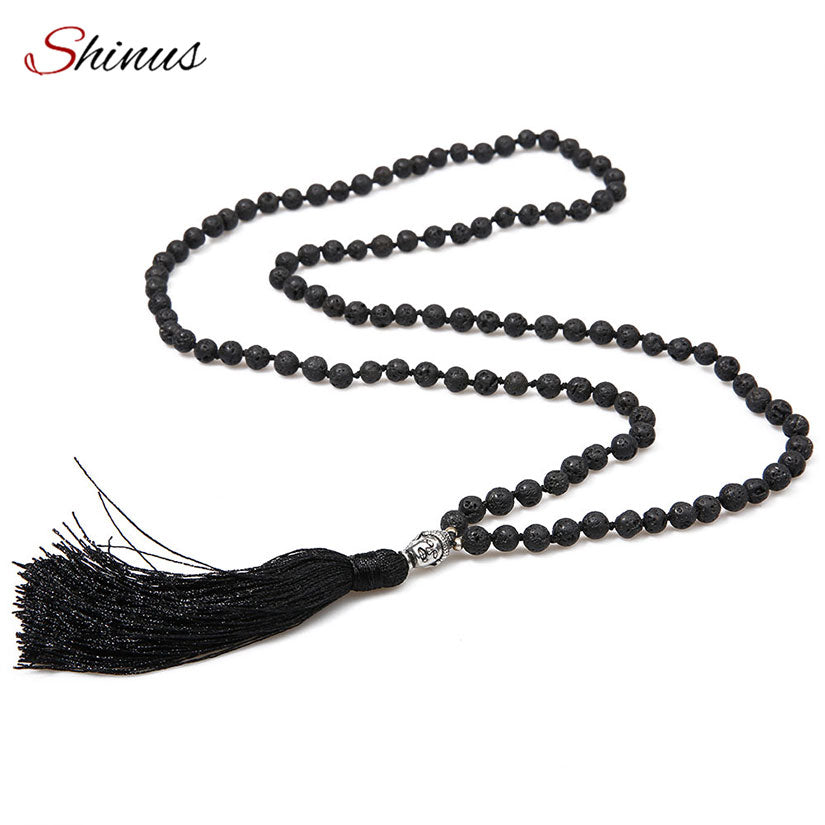 Lava Stone Necklaces Buddha Necklace Men Jewelry erkek kolye Handmade Knotted Black Long Tassel Female Meditation 6mm New