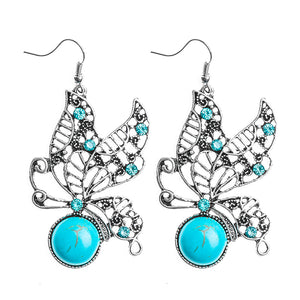 Fashion Vintage Butterfly Shape Blue Natural Stone Austrian Crystal Drop Earrings For Women Fine Jewelry Accessories