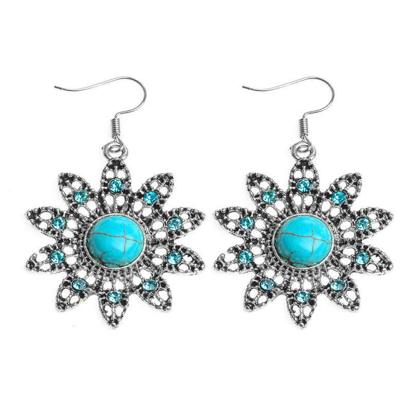 Vintage Ear Jewelry Blue Natural Stone Austrian Crystal Sun Flower Drop Earrings For Women Gift pendientes brincos