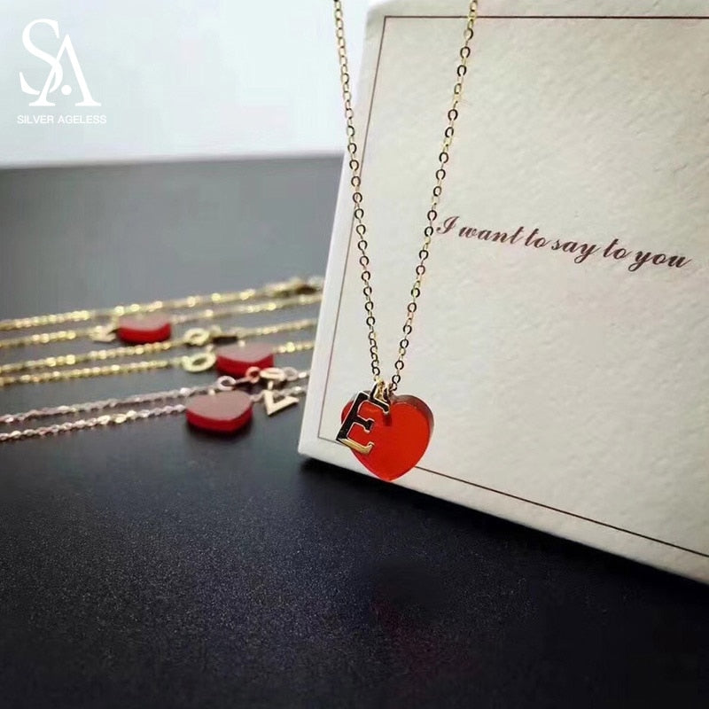 18K Yellow Gold/Silver Gold/Rose Gold Heart Agate Pendant Necklaces Woman One Letters Gold Necklace Rose Necklace