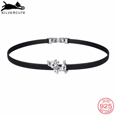 Black Genuine Leather Choker Necklace For Women & Adorable Charm Dog 925 Sterling Silver Animal Fine Jewelry SCN6264B