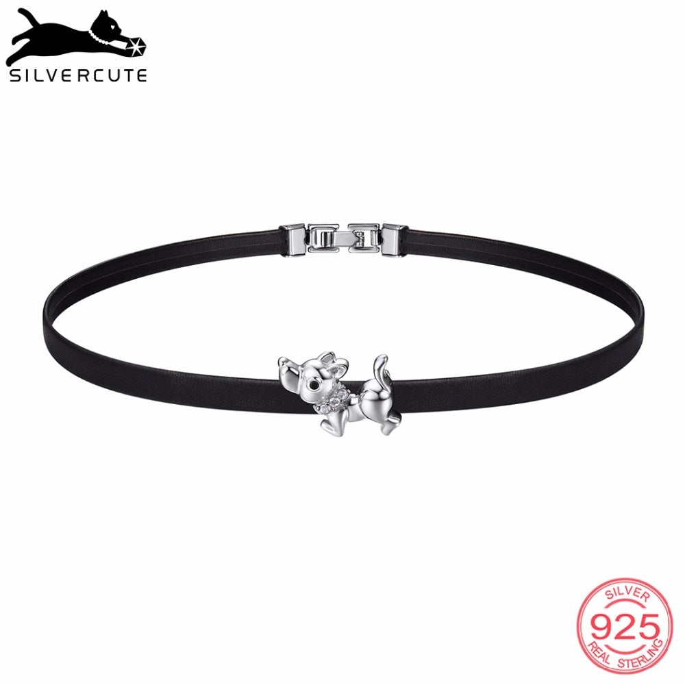Black Genuine Leather Choker Necklace For Women & Adorable Charm Dog 925 Sterling Silver Animal Fine Jewelry SCN6264B