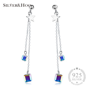 925 Sterling Silver Double Cube Drop Earrings with Discolor Crystalfor Women Girl Gift Sterling-silver-jewelry