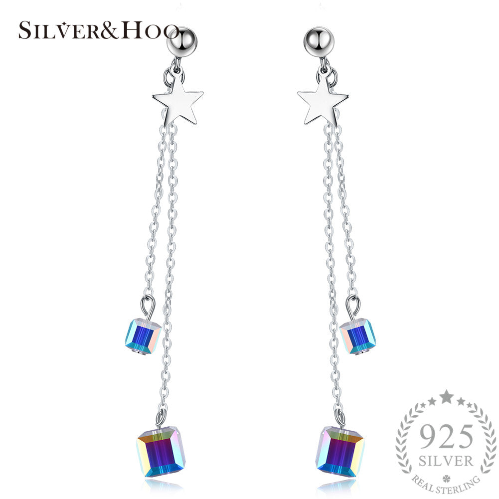 925 Sterling Silver Double Cube Drop Earrings with Discolor Crystalfor Women Girl Gift Sterling-silver-jewelry