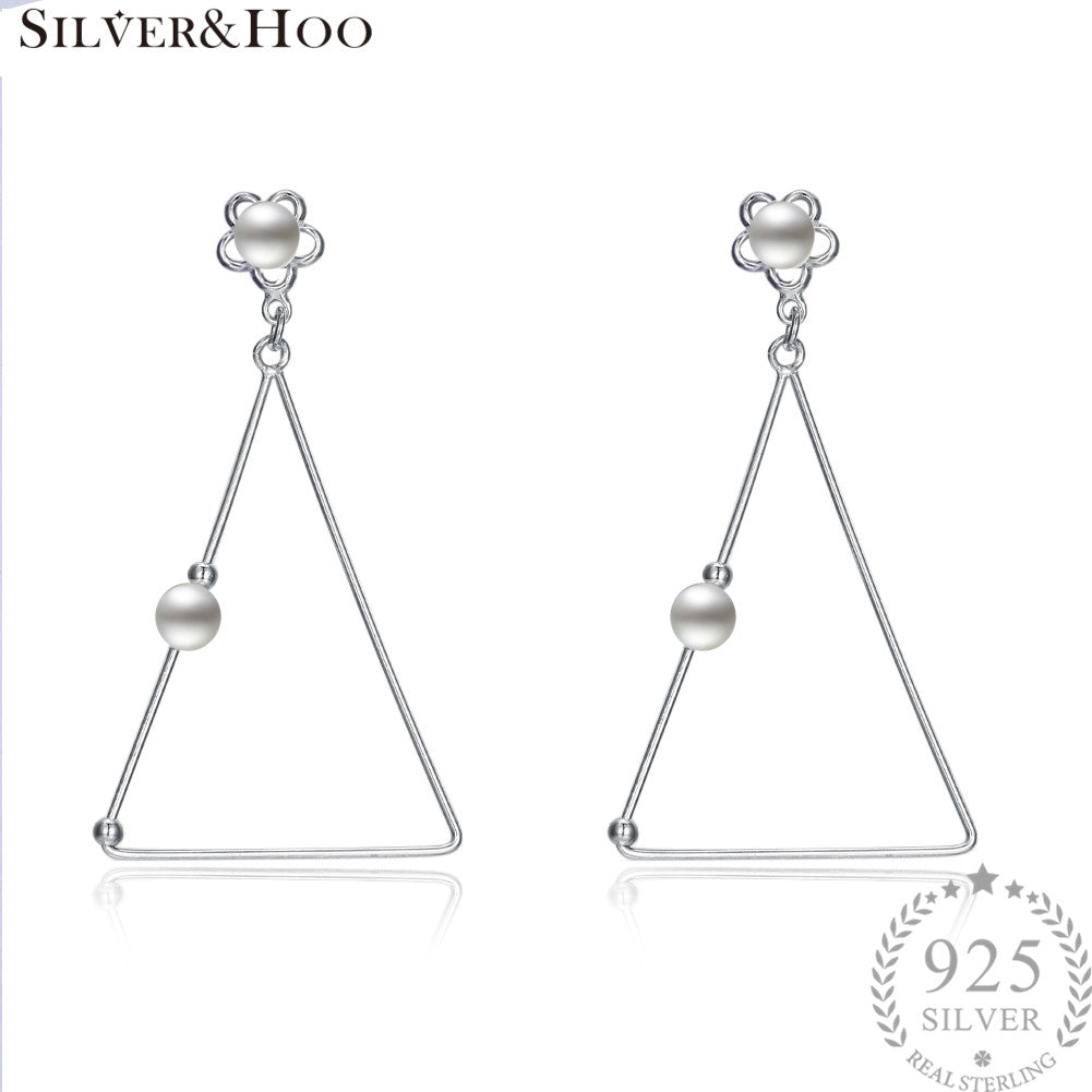 925 Sterling Silver Drop Earrings Big Triangle with Pearl Long Earrings for Women Girls Birthd Gift Fine Jewelry