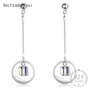 925 Sterling Silver Round Drop Earrings Discolor Cube Crystal Dangle Earrings for Women Romantic Jewelry