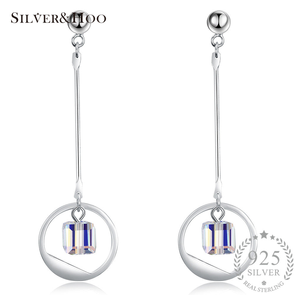925 Sterling Silver Round Drop Earrings Discolor Cube Crystal Dangle Earrings for Women Romantic Jewelry