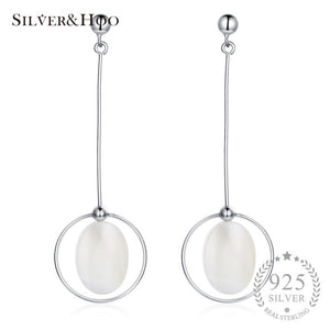 Romantic Long Dangles Round Drop Earrings with White Shell for Women Wedding Party Fine Jewelry 925 Sterling Silver
