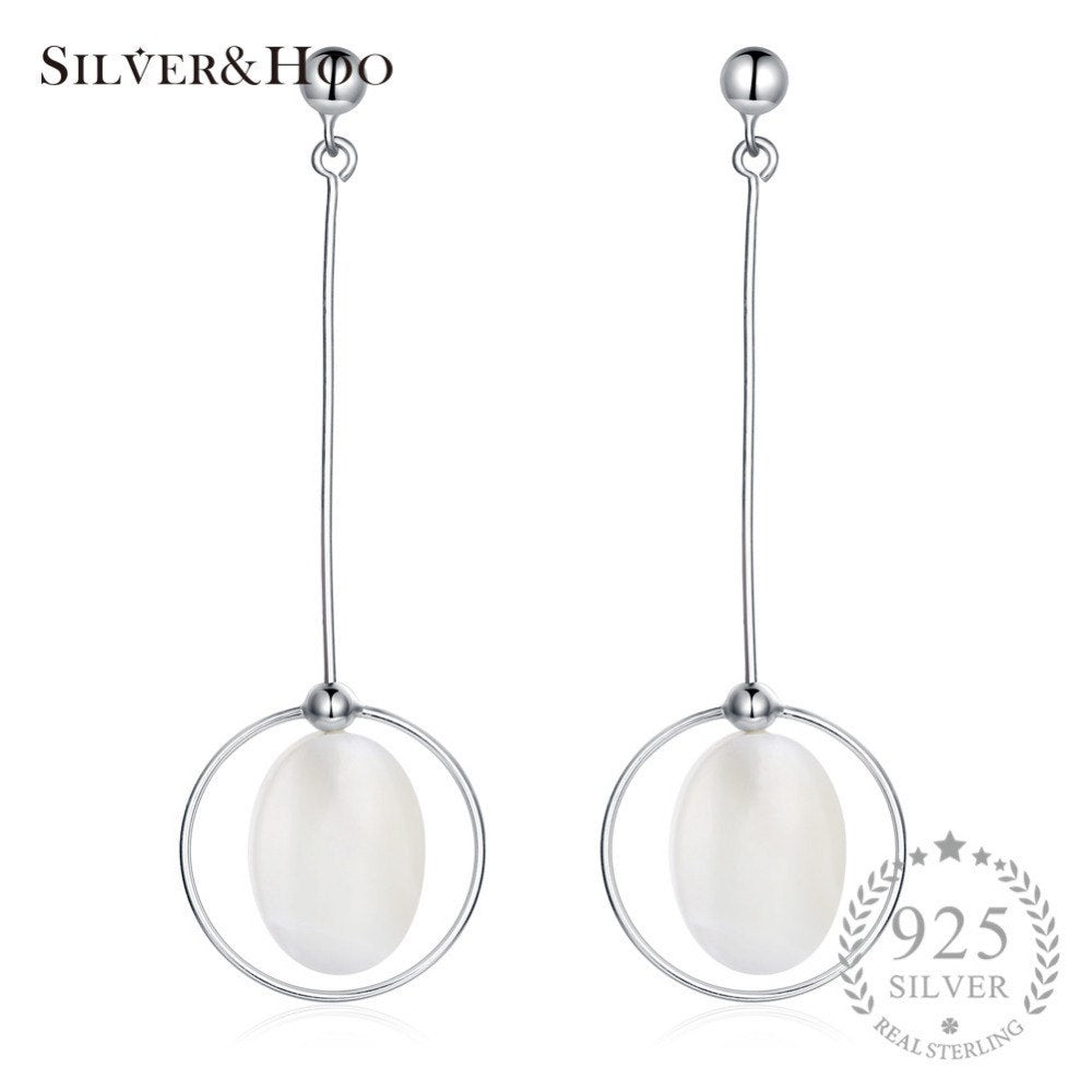 Romantic Long Dangles Round Drop Earrings with White Shell for Women Wedding Party Fine Jewelry 925 Sterling Silver