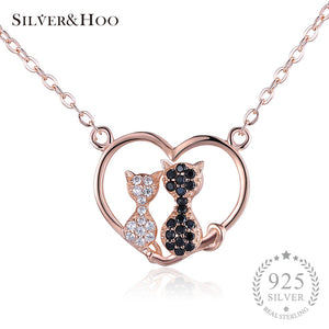 Rose Gold Pendant Necklace Lovely Cats Heart Design 925 Sterling Silver Women Heart Necklaces Collier Gift