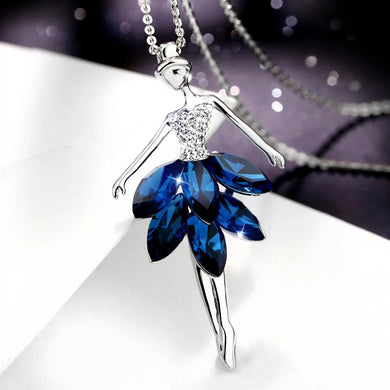 2017 Vintage Charm Blue Cubic Zircon Skirt Dancing Angel Girl Pendant Long Necklace Chain For Women Silver Color My342
