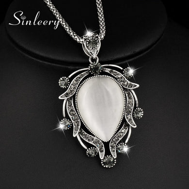 Vintage Big Opal Drop Pendant Necklace Antique Silver Color Long Chain Charm Jewelry For Femmale Party Dress MY029