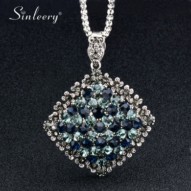 Vintage Full Dark Blue Rhinestone Big Pendant Long Necklace for Women Antique Silver Color Statement Jewelry MY433