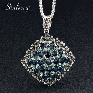 Vintage Full Dark Blue Rhinestone Big Pendant Long Necklace for Women Antique Silver Color Statement Jewelry MY433