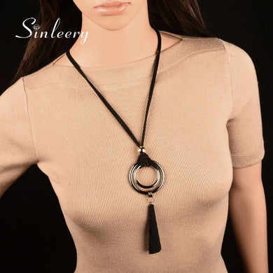 Vintage Gothic Black Suede Leather Long Rope Necklace for Women Big Alloy Double Round Pendant Necklace Jewelry MY444