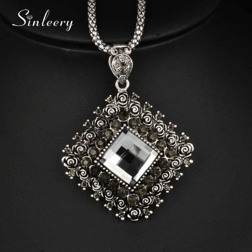 Vintage Gr Zircon Square Pendant Necklace Antique Silver Color All-match Female Long Sweater Chain Accessories MY440