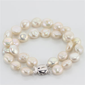 9-10mm AA coin 925silver white 100% Real Natural Pearl Bracelet