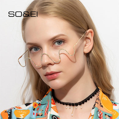 SO&EI Unique Wave Shape Half Metal Frame Glasses Woman  Diamond No Lens Glasses Frame Vintage Decoration Eyewear
