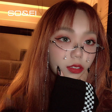 Ins Popular Vintage Lower Half Frame No Lens Women Glasses Frame Water Drop Pendant Chain Decorative Glasses Empty Frame