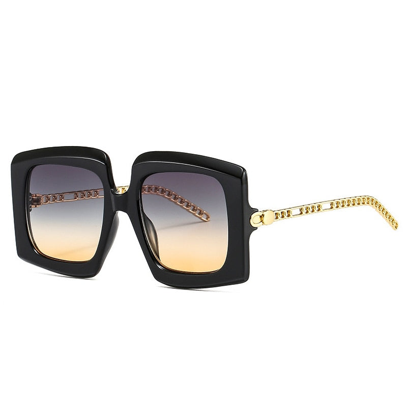 SO&EI Occhiali da sole con catena in metallo retrò da donna Designer di marca Occhiali da vista quadrati sfumati Occhiali da sole a righe di tendenza 