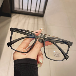 SO&EI Retro Metal Double Bridges Square Women Glasses Frame Clear Anti-Blu-Ray Eyewear Men TR90 Optical Stripes Frame