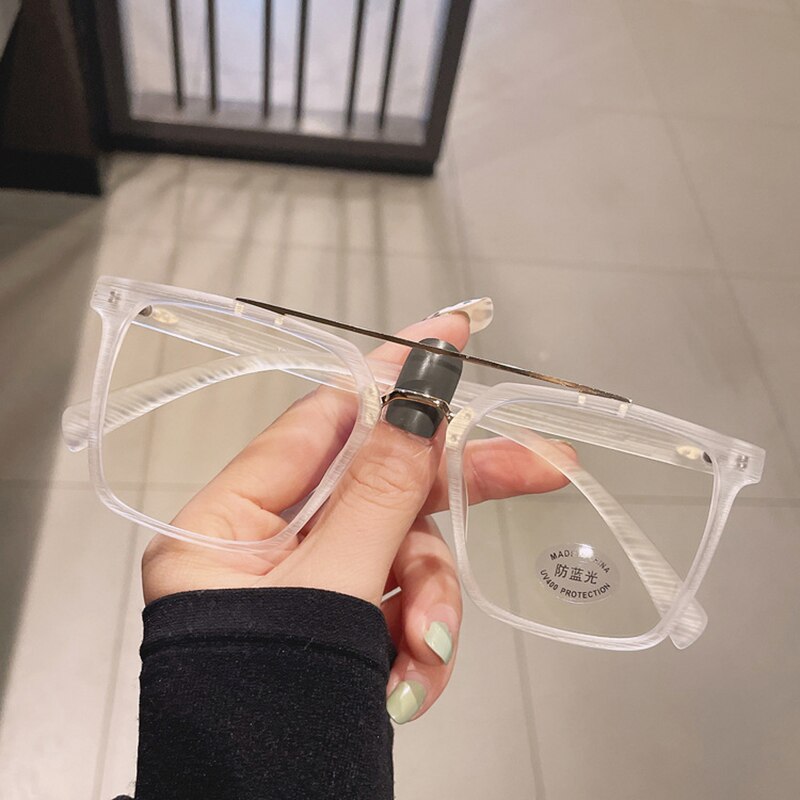 SO&EI Retro Metal Double Bridges Square Women Glasses Frame Clear Anti-Blu-Ray Eyewear Men TR90 Optical Stripes Frame