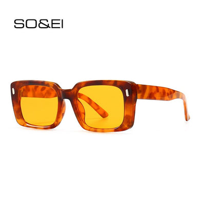 SO&EI Retro Rectangle Sunglasses Women Rivets Jelly Color Eyewear Men Square Leopard Yellow Sun Glasses Shades UV400