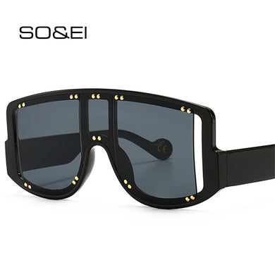 SO&EI Vintage Oversized Square One Piece Sunglasses  Women Brand Designer Rivets Decorative Gradient Eyewear Men Shades