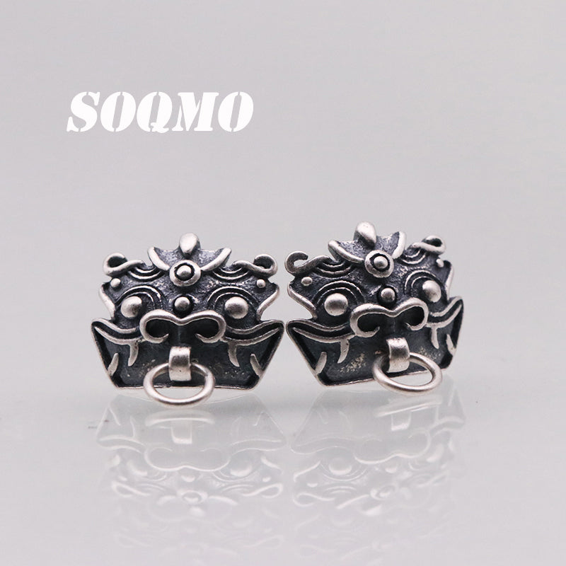 SOQMO 990 Pure Silver Taotie Stud Earrings for Woman Men Gift Vintage Mysterious Monster Thai Silver Earrings Jewelry SQM175