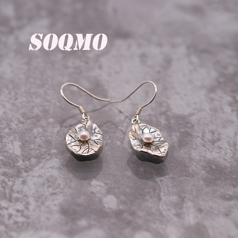 SOQMO Pearl Lotus leaf Earring 100% Real 925 sterling silver brand vintage jewelry for women fashion drop and dangle earrings