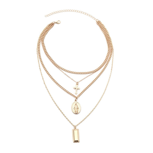 Bohemia Gold Color Cross Layered Necklace Jesus Virgin Mary Chain Pendant Necklace Easter Day's Gift For Women Jewelry