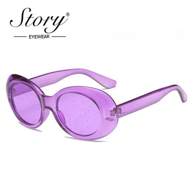 STORY Vintage Retro Purple Oval Sunglasses Women 2023 Sunmmer Glitter Candy Color Transparent Frame Kurt Cobain Sun Glasses