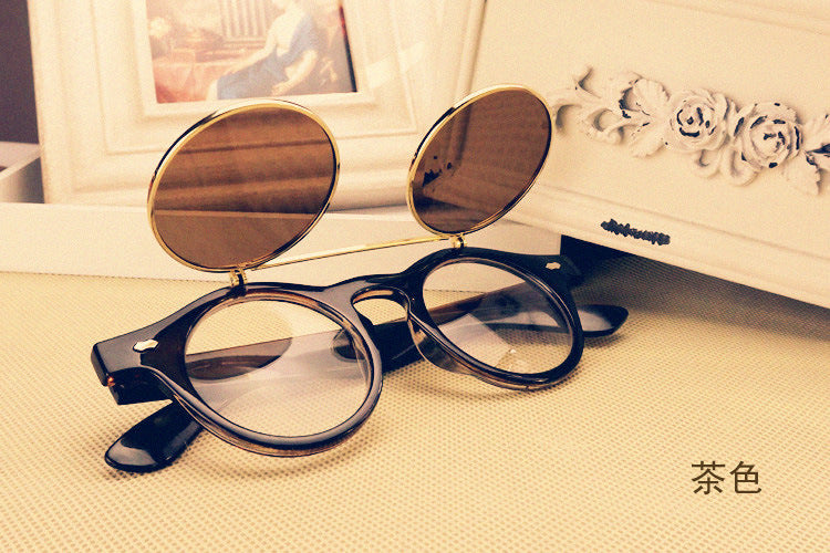 SU089-9535 Steampunk Sunglasses Style Retro Flip Circular Double Metal Sun Glasses Double Lens Vintage Uv400