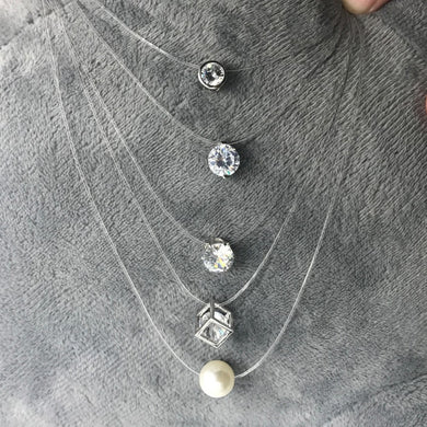 New Personality Fashion Square Imitation Pearl Crystal Zircon Necklace Invisible Transparent Fishing Line Necklace Women