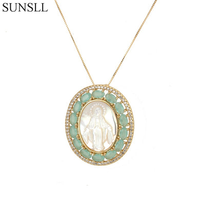 Gold Color Copper 2 Color Cubic Zirconia And Shell Oval Pendant Necklaces Women's Fashion Jewelry CZ Colar Feminina
