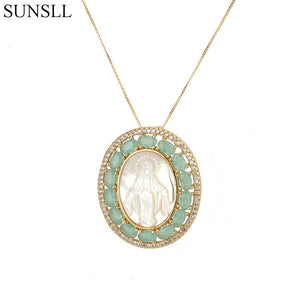Gold Color Copper 2 Color Cubic Zirconia And Shell Oval Pendant Necklaces Women's Fashion Jewelry CZ Colar Feminina