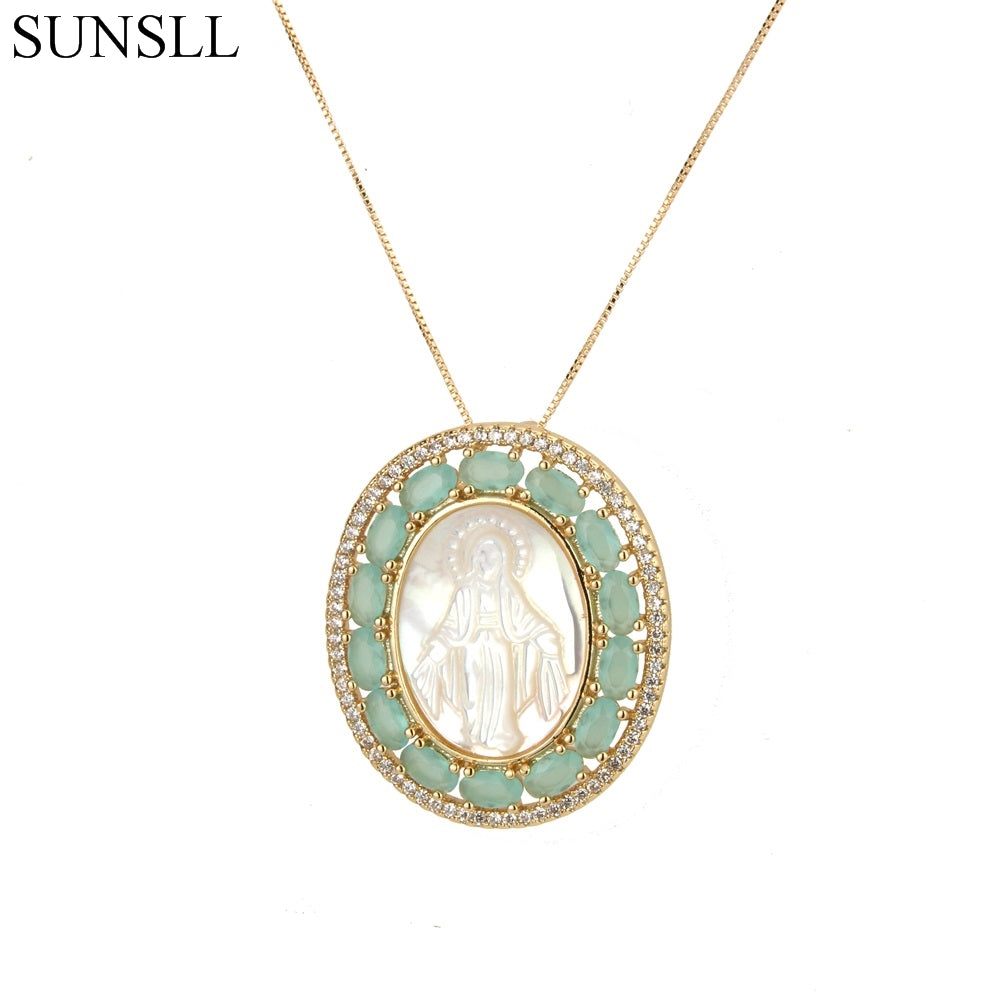 Gold Color Copper 2 Color Cubic Zirconia And Shell Oval Pendant Necklaces Women's Fashion Jewelry CZ Colar Feminina