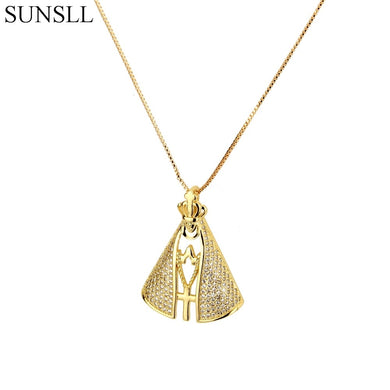 Gold Color Copper Blue White Cubic Zirconia Cross Pendant Necklaces Women's Fashion Jewelry CZ Colar Feminina