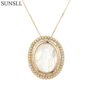 Gold Color Copper White Color Cubic Zirconia And Shell Oval Pendant Necklaces Women's Fashion Jewelry CZ Colar Feminina