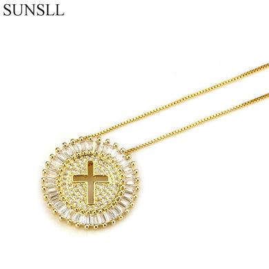 Gold Color Copper White Color Cubic Zirconia Cross Pendant Necklaces Women's Fashion Jewelry CZ Colar Feminina